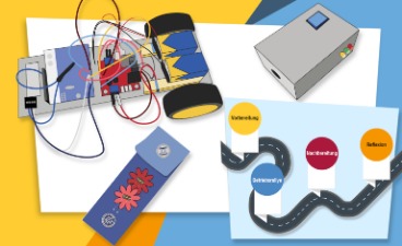 Ein Roboter, ein Luftmessgerät, ein Armband mit LED-Lampen und eine Betriebsrallye